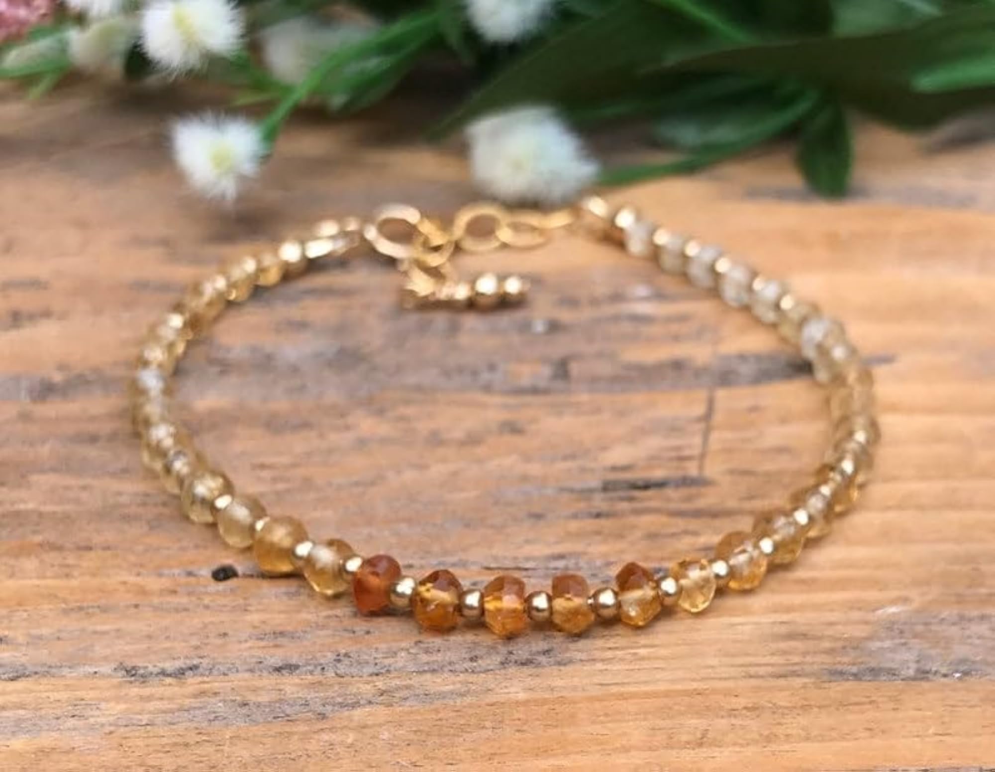 Citrine Rondelle Beaded Bracelet with Gold Lock, Adjustable